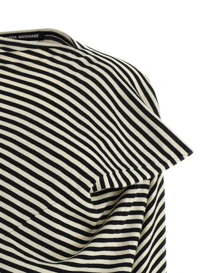 Junya Watanabe Asymmetric Striped Long Sleeve Cropped Sweater In Black