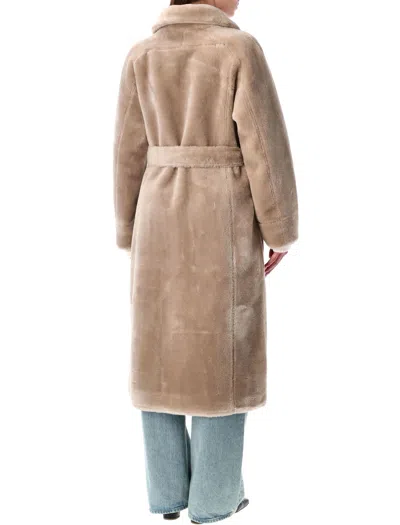 Urbancode Beige Shearling Coat With Classic Collar And Waist Belt In Faux Fur Woman In Brown