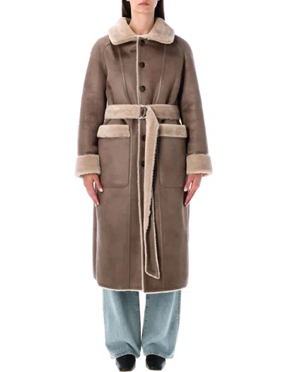 Urbancode Beige Shearling Coat With Classic Collar And Waist Belt In Faux Fur Woman In Brown