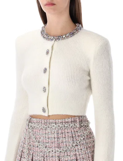 Self-portrait Whirw Cropped Crewneck Cardigan With Crystal Embellishments On Collar And Buttons In Wool Blend Woma In White