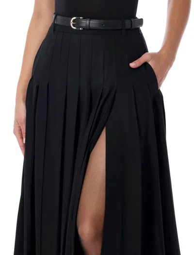 Self-portrait Black Pleated Twill Maxi Skirt With Side Slit In Black