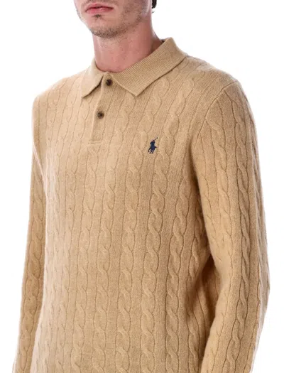 Polo Ralph Lauren Cable-knit Wool And Cashmere-blend Polo Jumper In Brown
