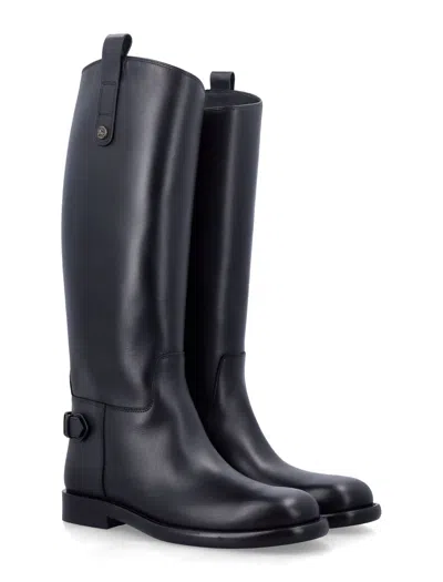 Burberry Leather Cavalier Boots With Buckle Detail In Black