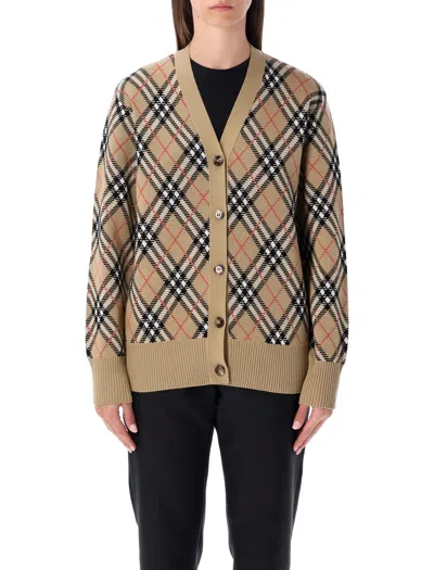 Burberry Check V-neck Cardigan In Wool And Mohair Blend In Neutral