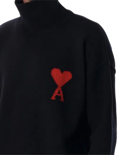 Ami Alexandre Mattiussi Relaxed Fit Black Wool Turtleneck Sweater With Graphic Heart Motif In Black