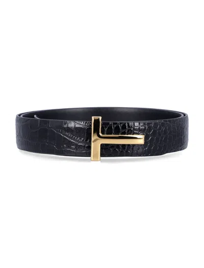 Tom Ford Black Crocodile Effect Leather Belt With T Buckle In Black