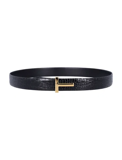 Tom Ford Black Crocodile Effect Leather Belt With T Buckle In Black