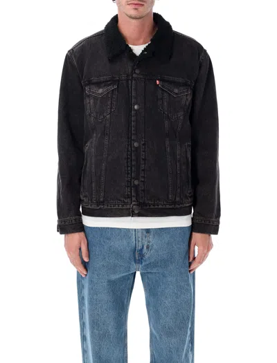 Levi's Relaxed Fit Faux Shearling Lined Denim Trucker Jacket In Black