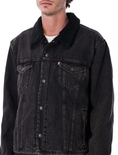 Levi's Relaxed Fit Faux Shearling Lined Denim Trucker Jacket In Black