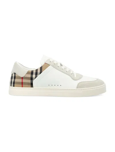 Burberry Check Motif Leather Sneakers In White