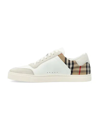 Burberry Check Motif Leather Sneakers In White