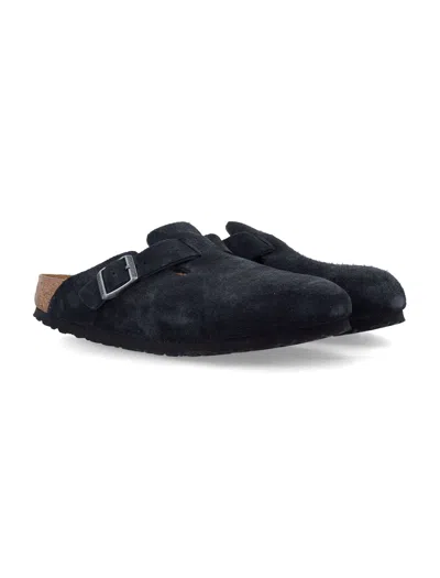 Birkenstock Boston Shearling Suede Slippers In Black