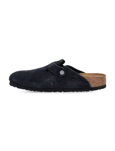 Birkenstock Boston Shearling Suede Slippers In Black