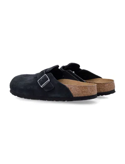 Birkenstock Boston Shearling Suede Slippers In Black