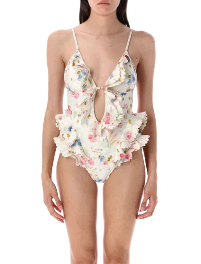 Zimmermann Lucky Waterfall Frill One Piece Swimsuit In Neutral