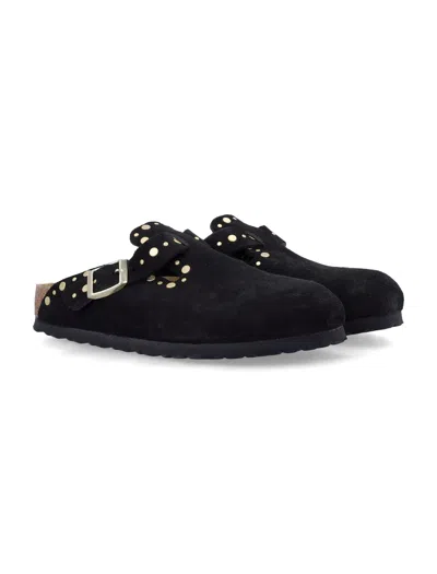 Birkenstock Boston Rivet Border Black Suede Leather Clogs In Black