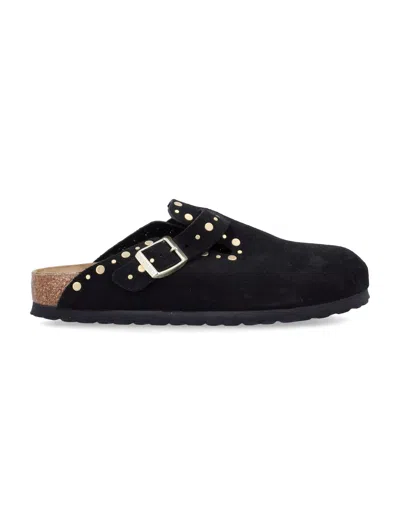 Birkenstock Boston Rivet Border Black Suede Leather Clogs In Black