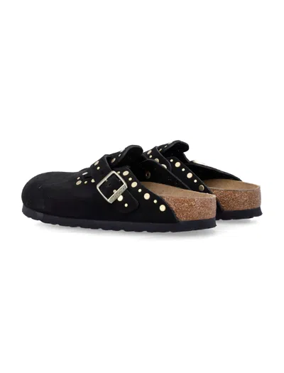 Birkenstock Boston Rivet Border Black Suede Leather Clogs In Black