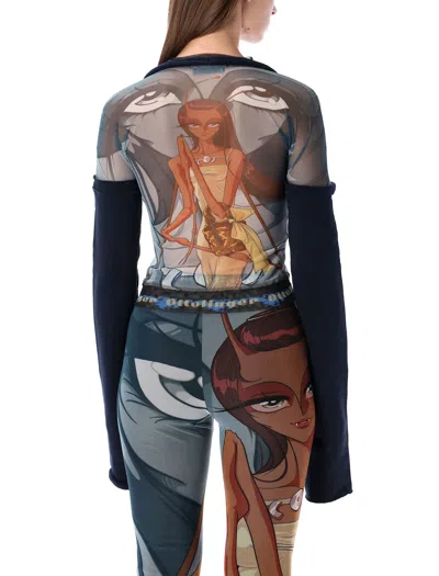 Ottolinger Julien Ceccaldi Printed Mesh Top With Sleeves In Blue