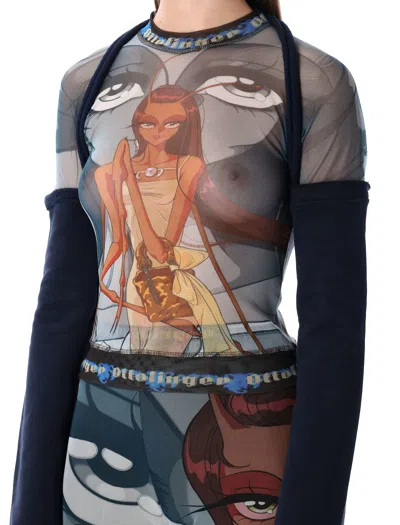 Ottolinger Julien Ceccaldi Printed Mesh Top With Sleeves In Blue