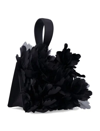 Ferragamo Mini Satin Clutch With Floral Embellishments In Black