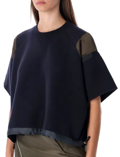 Sacai Oversized Technical Cotton T-shirt With Adjustable Drawstring Hem In Blue
