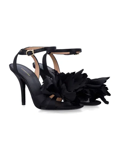 Ferragamo Black Satin Flower Sandals In Black
