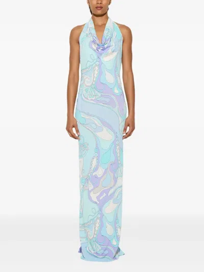 Pucci Orchidee-print Maxi Dress In Blue