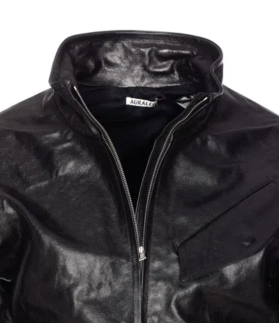 Auralee Black Lamb Leather Zip Blouson Jacket In Black