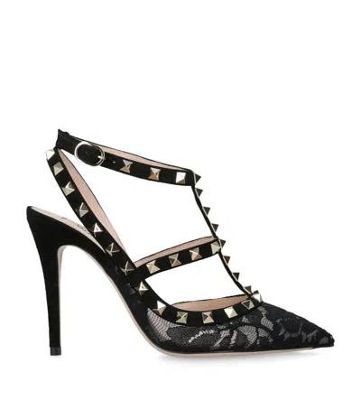 Valentino High Black Rockstud Lace Pumps In Black