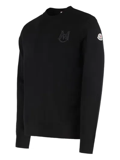 Moncler Cotton Knit Sweater Featuring Embroidery In Black
