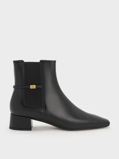 Charles & Keith - Georgina Leather Tapered Square-toe Ankle Boots In Black