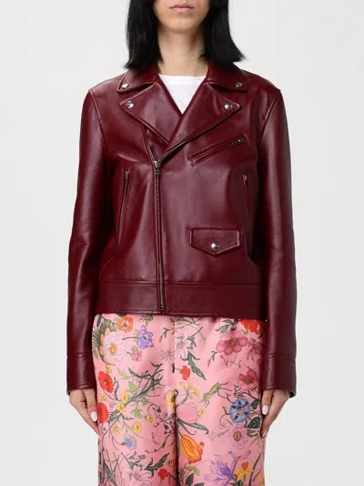 Gucci Leather Biker Jacket Puffer Jackets Brown In Burgundy
