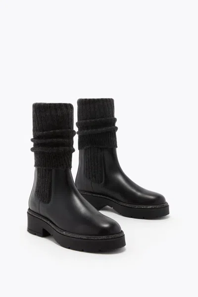 René Caovilla Bika Leather And Cashmere Black Ankle Boot With Crystals 50 In Black