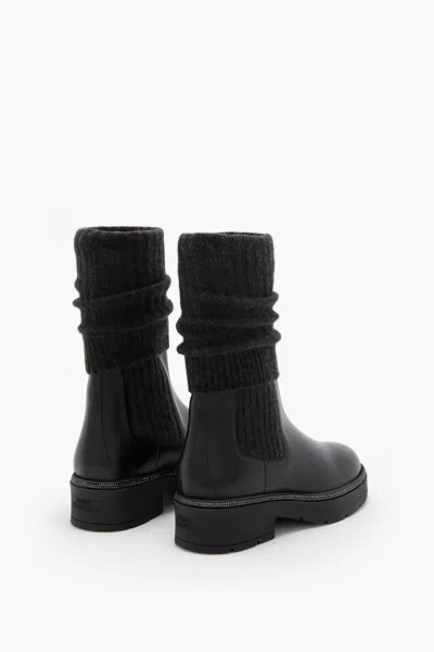 René Caovilla Bika Leather And Cashmere Black Ankle Boot With Crystals 50 In Black