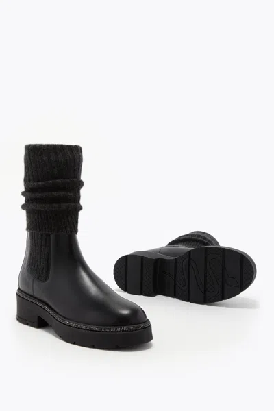René Caovilla Bika Leather And Cashmere Black Ankle Boot With Crystals 50 In Black