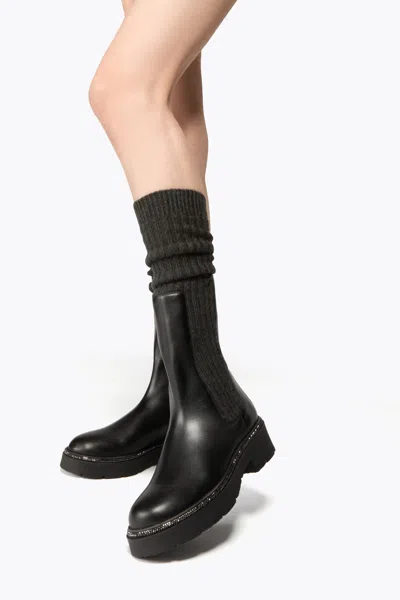 René Caovilla Bika Leather And Cashmere Black Ankle Boot With Crystals 50 In Black