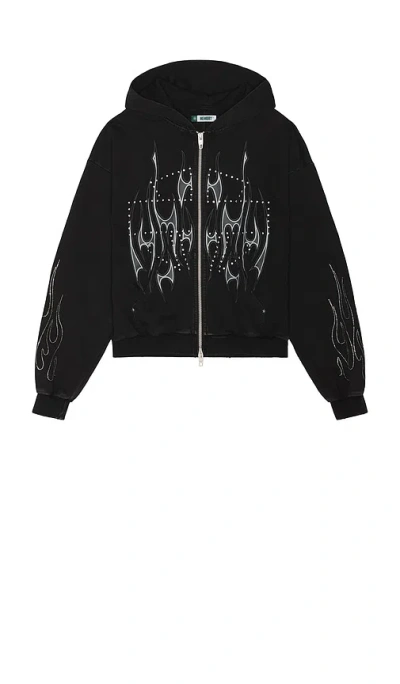 Memory Lane Flame Studded Graphic Zip Hoodie In Black