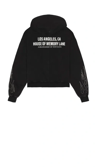 Memory Lane Flame Studded Graphic Zip Hoodie In Black