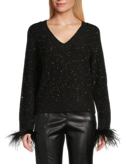 Milly Women's Feather-trim Sequin-embellished Sweater In Black