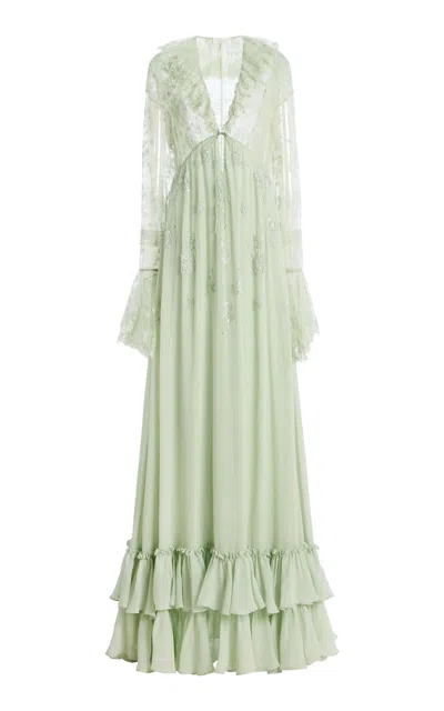 Harithand Ilaria Silk Georgette Lace Maxi Dress In Green