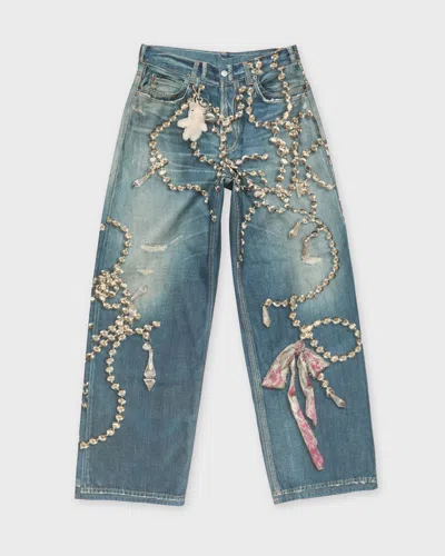 Acne Studios Womens Mid Blue Graphic-print Wide-leg Denim Jeans