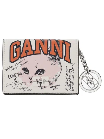 Ganni Card Wallet With Charm In Gray