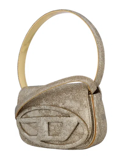 Diesel Oval-d Logo Glittered Denim Shoulder Bag In Gold