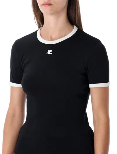 Courrèges Black Bumpy Contrast Logo T-shirt In Black