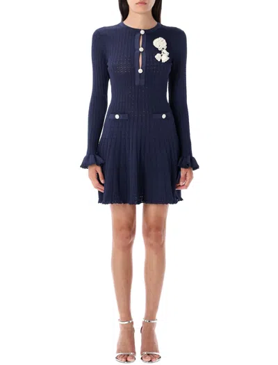 Self-portrait Blue Crewneck Midi Dress With Flower Embellishment On The Front And Crochet Knit In Viscose Blend St In Blue