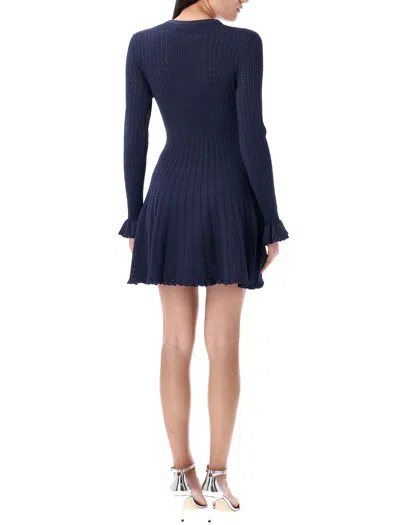 Self-portrait Blue Crewneck Midi Dress With Flower Embellishment On The Front And Crochet Knit In Viscose Blend St In Blue
