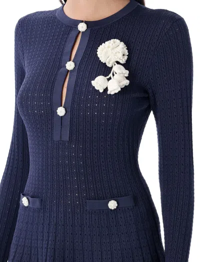 Self-portrait Blue Crewneck Midi Dress With Flower Embellishment On The Front And Crochet Knit In Viscose Blend St In Blue