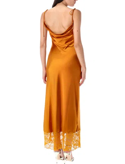 Self-portrait Satin Midi Dress With Lace-insert In Orange