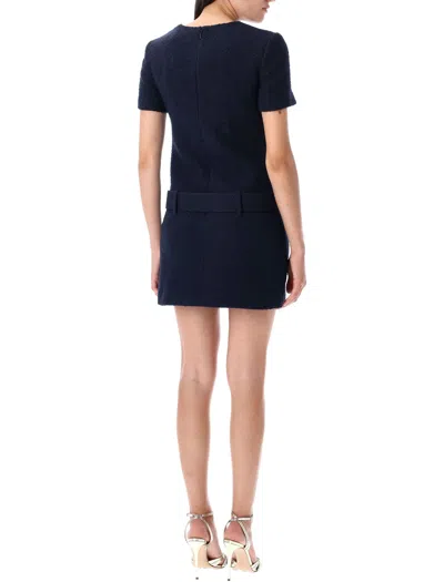 Self-portrait Textured Boucle Mini Dress With Belted Waist And Gold-tone Accents In Blue